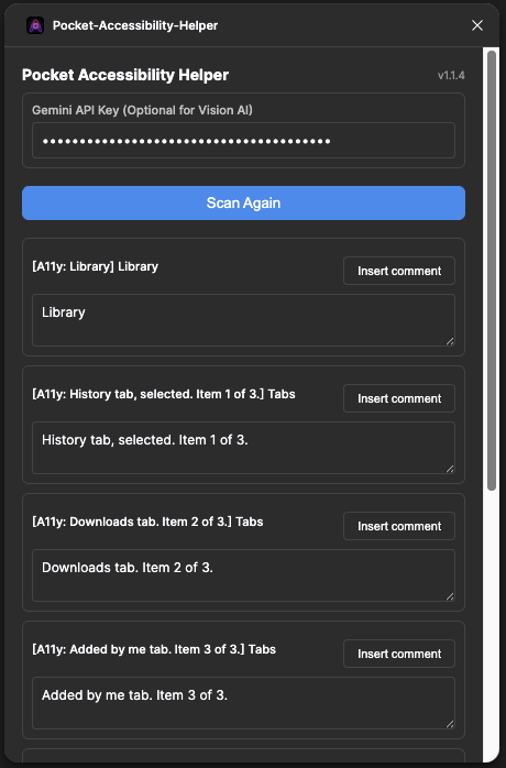 First A11Y Assistant build showing a Gemini API key field, generated Pocket FM accessibility labels, and Insert comment buttons