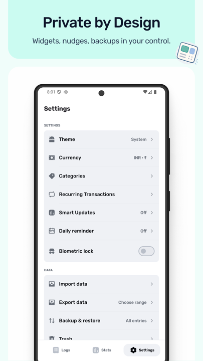 JotWell Play Store screenshot showing backups and local-first privacy controls