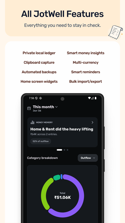 JotWell Play Store screenshot showing dark mode and private money tracking screens