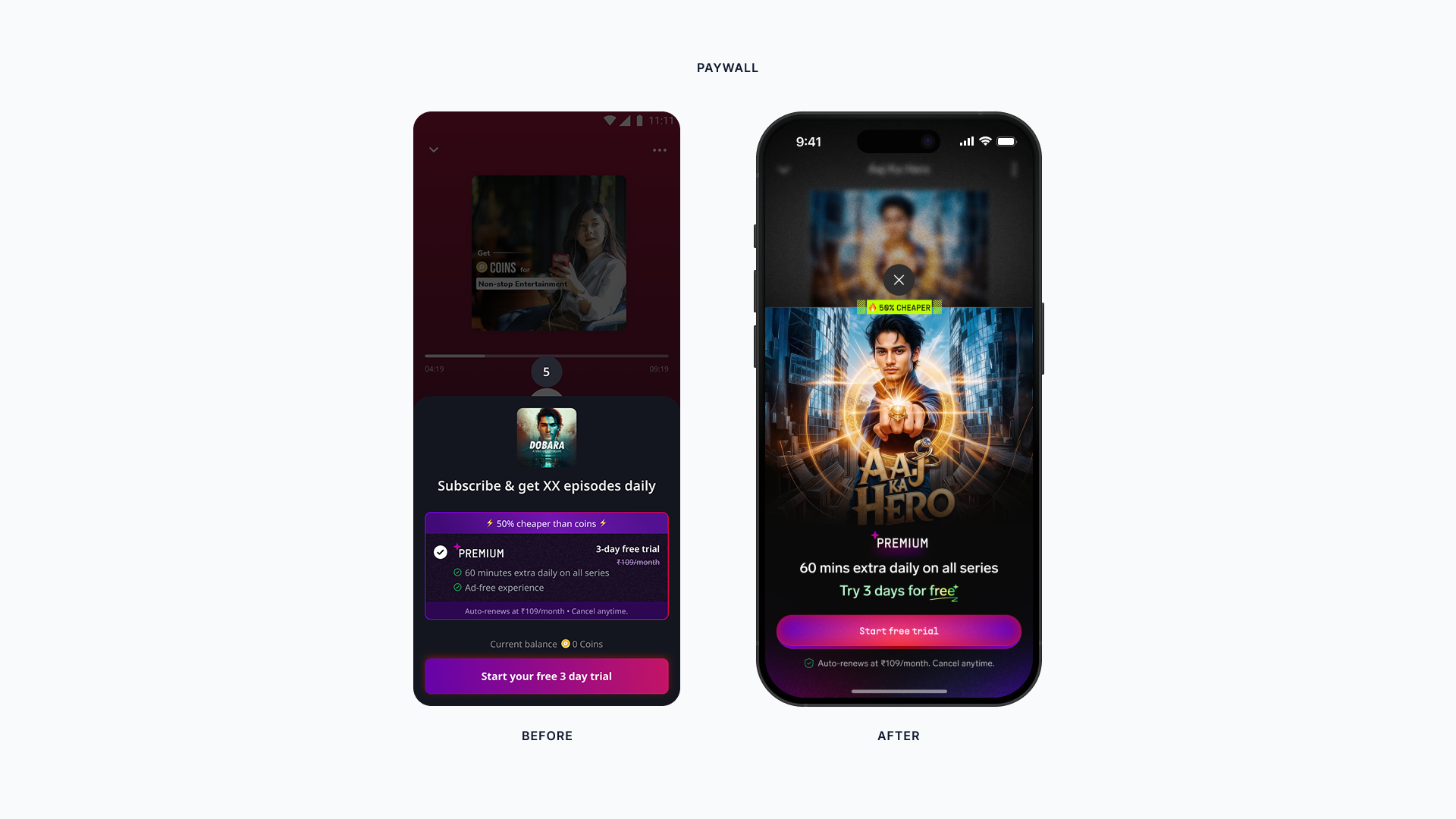 Before and after comparison of the Pocket FM Premium paywall