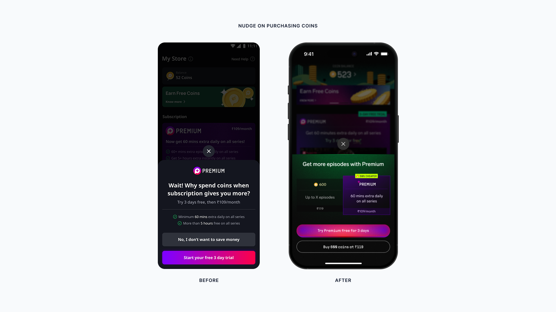 Before and after comparison of the Pocket FM Premium nudge shown while purchasing coins