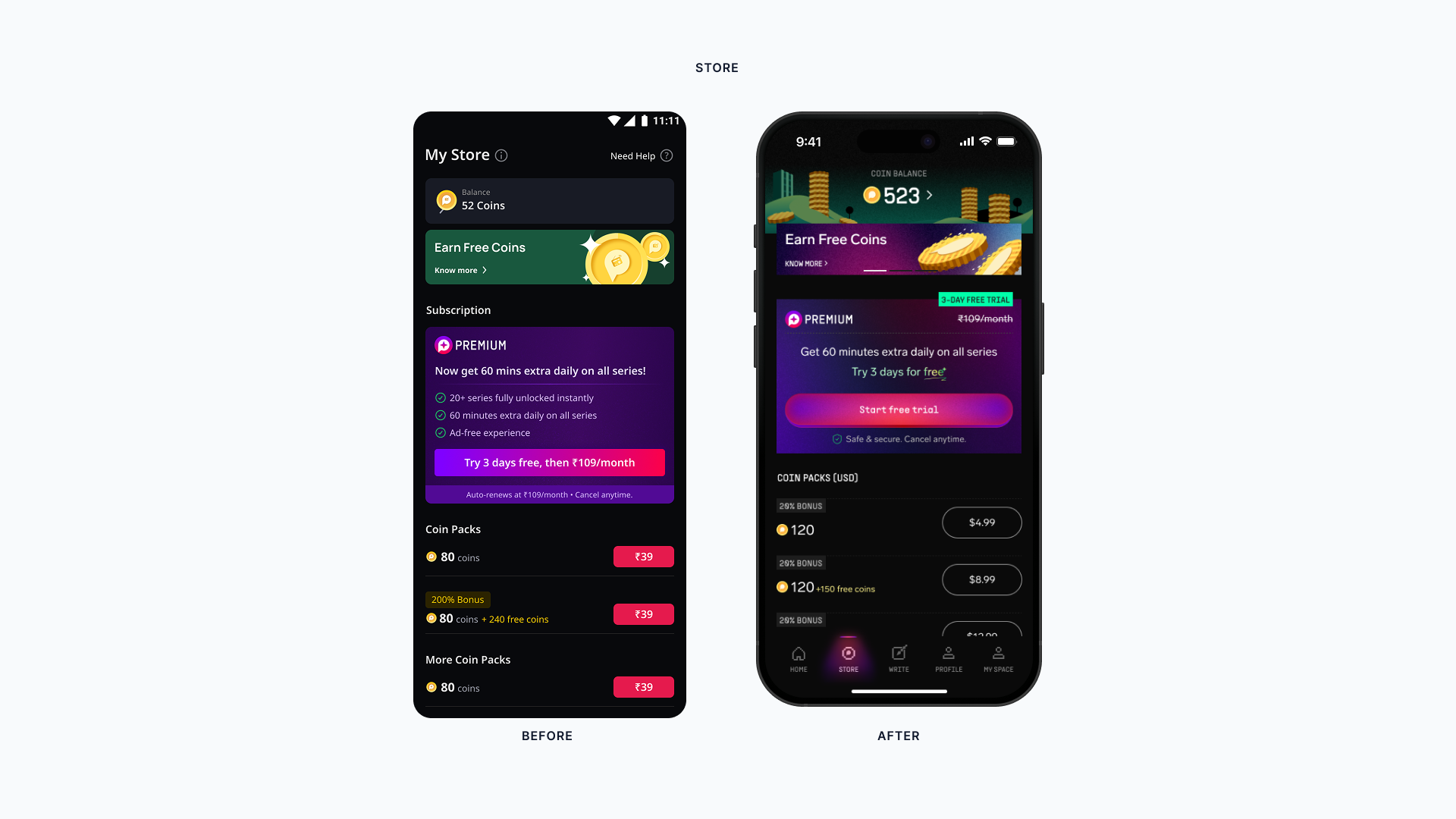Before and after comparison of the Pocket FM Premium store surface