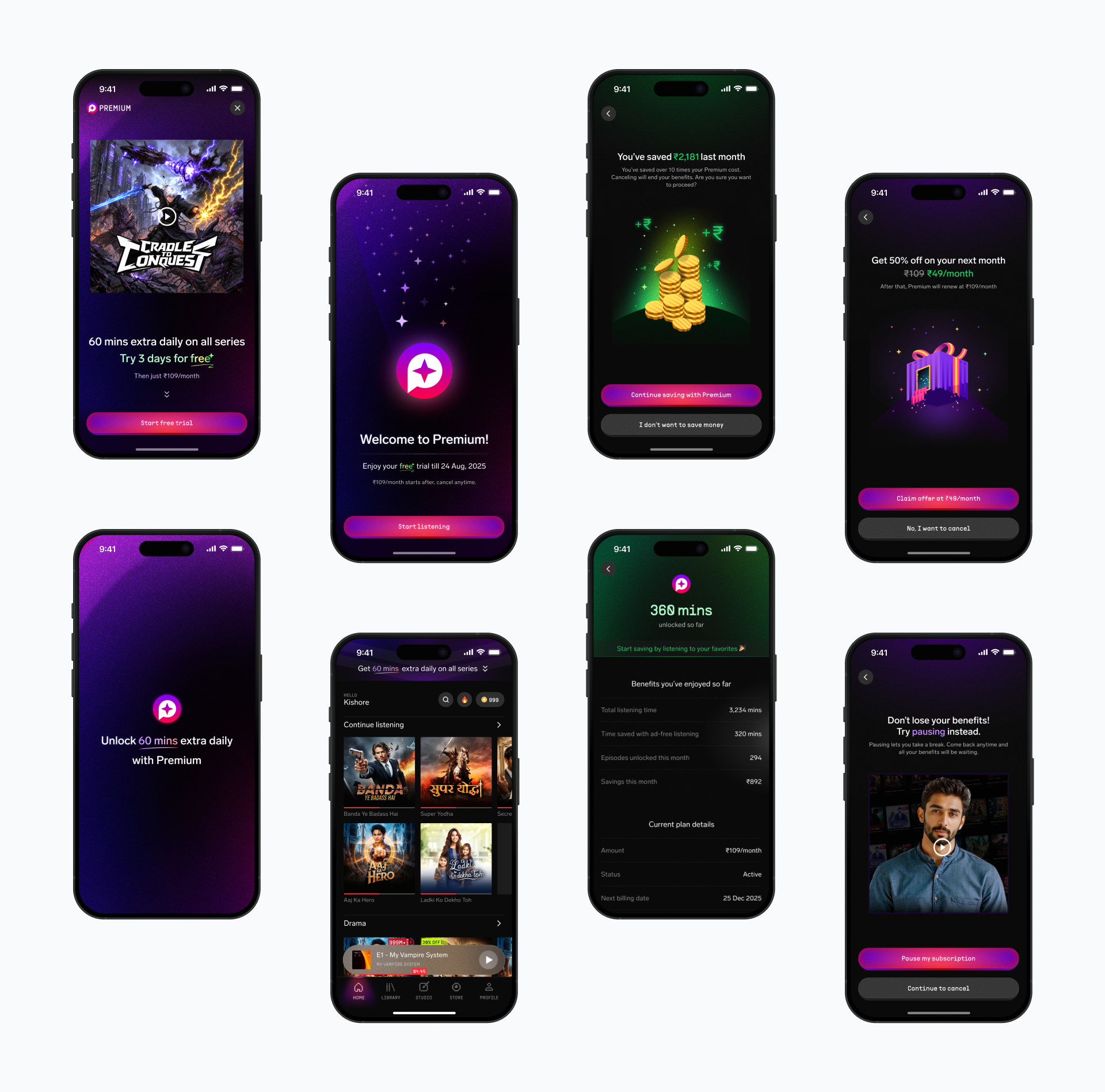 Collection of additional Pocket FM Premium screens across the subscription lifecycle