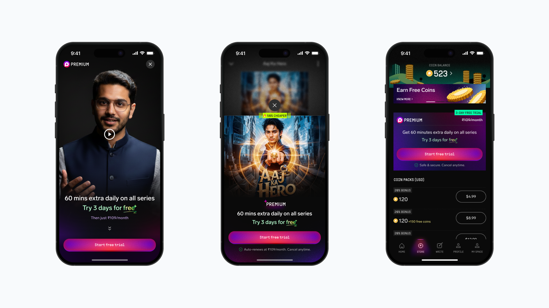 Three final Pocket FM Premium screens showing video-led onboarding, contextual paywall messaging, and store placement