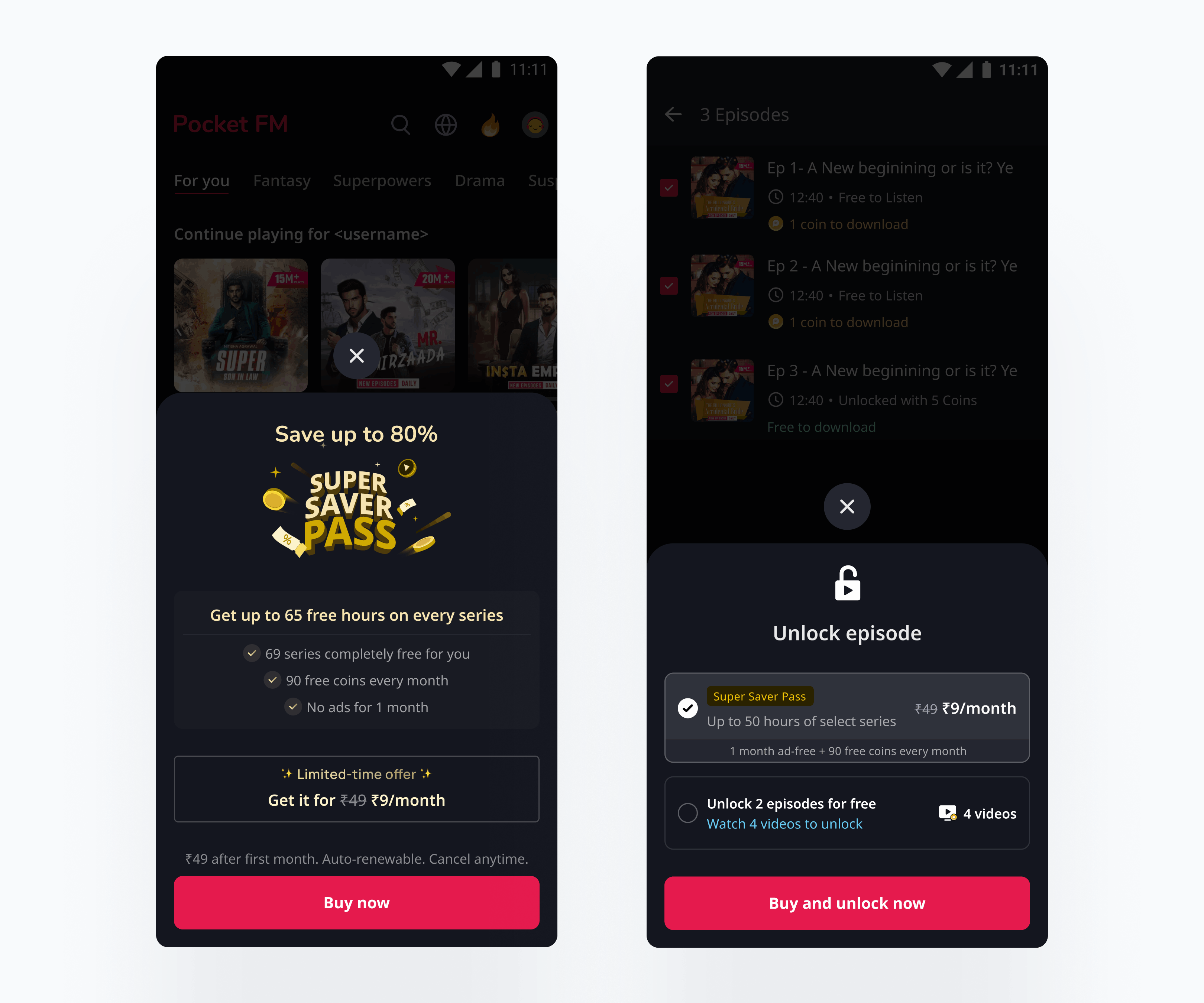 Super Saver Pass offer and unlock screens showing the bundled listening model