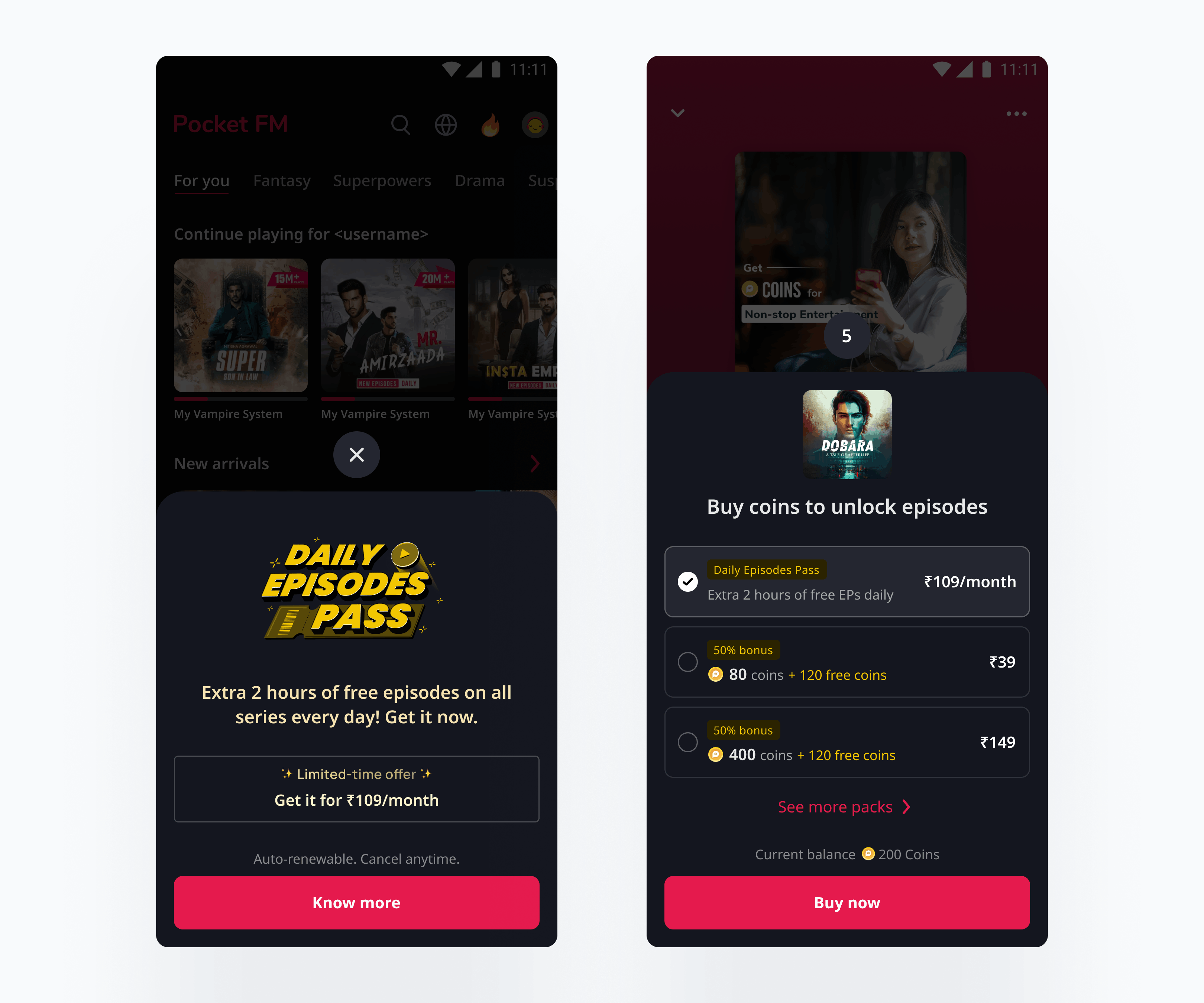 Daily Episode Pass offer and coin purchase screens showing time-based access beside coins