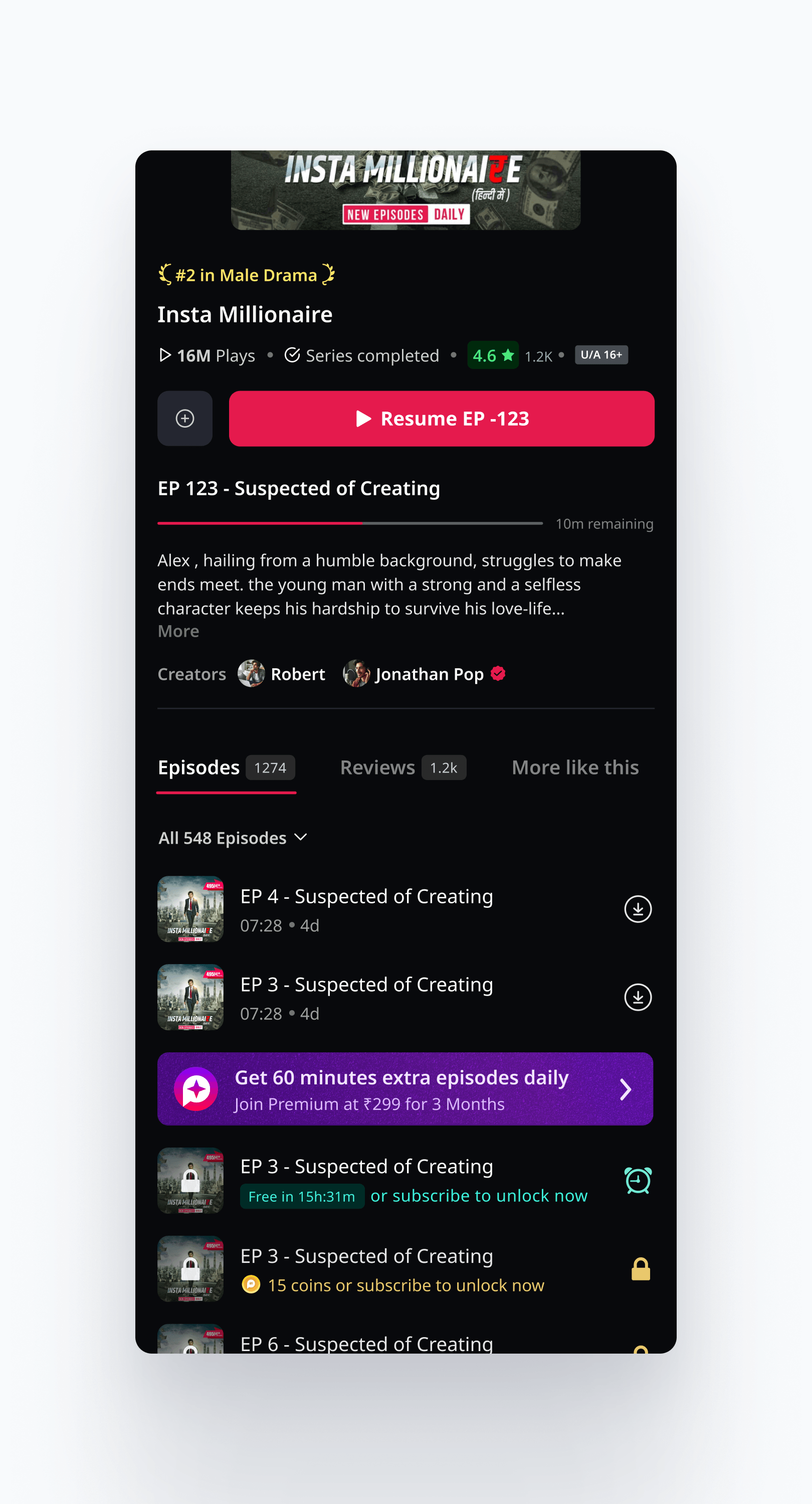 Show details page with a Premium banner immediately before the first locked episode
