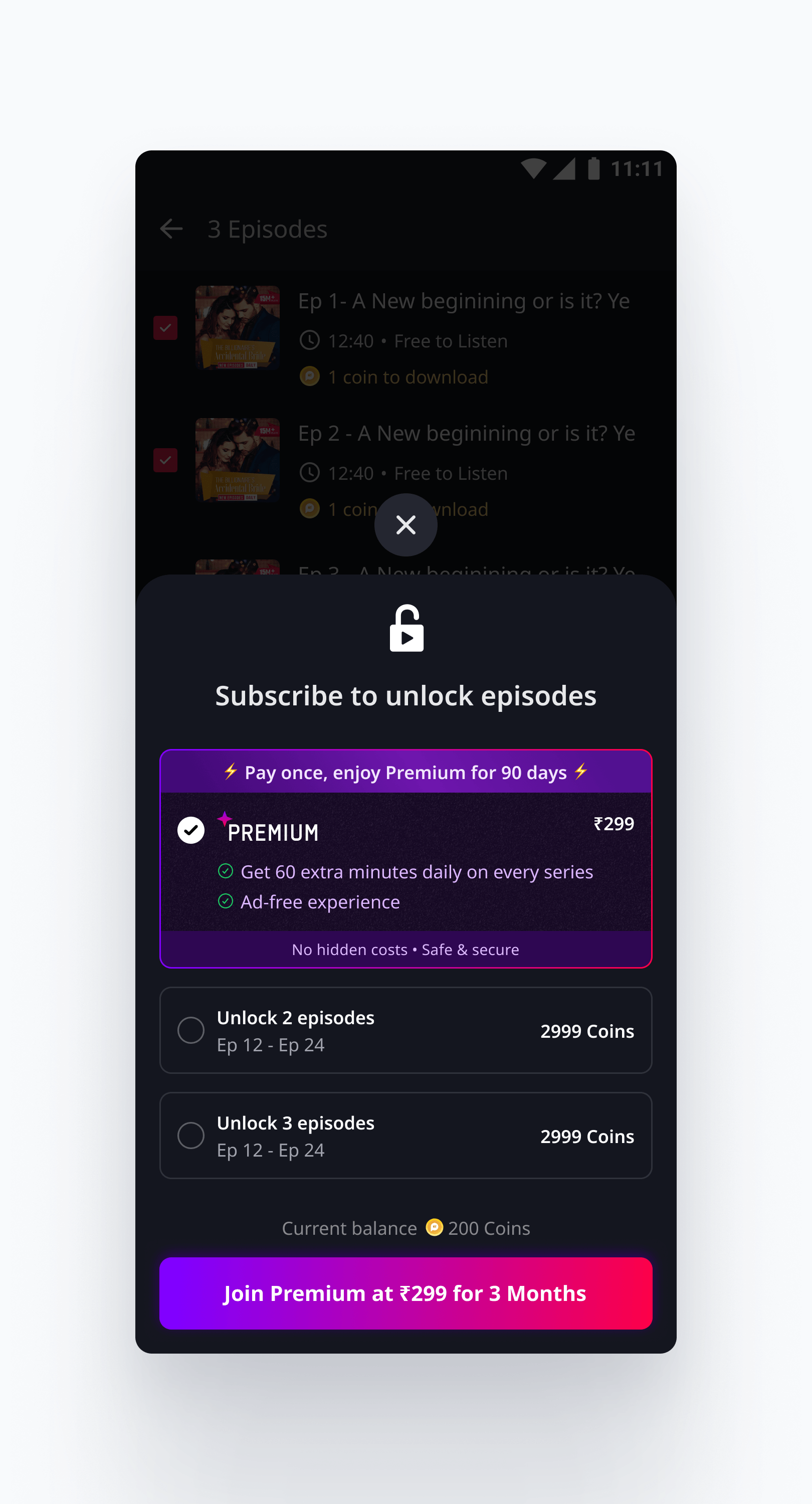 Locked-episode threshold presenting Premium beside coin unlock choices