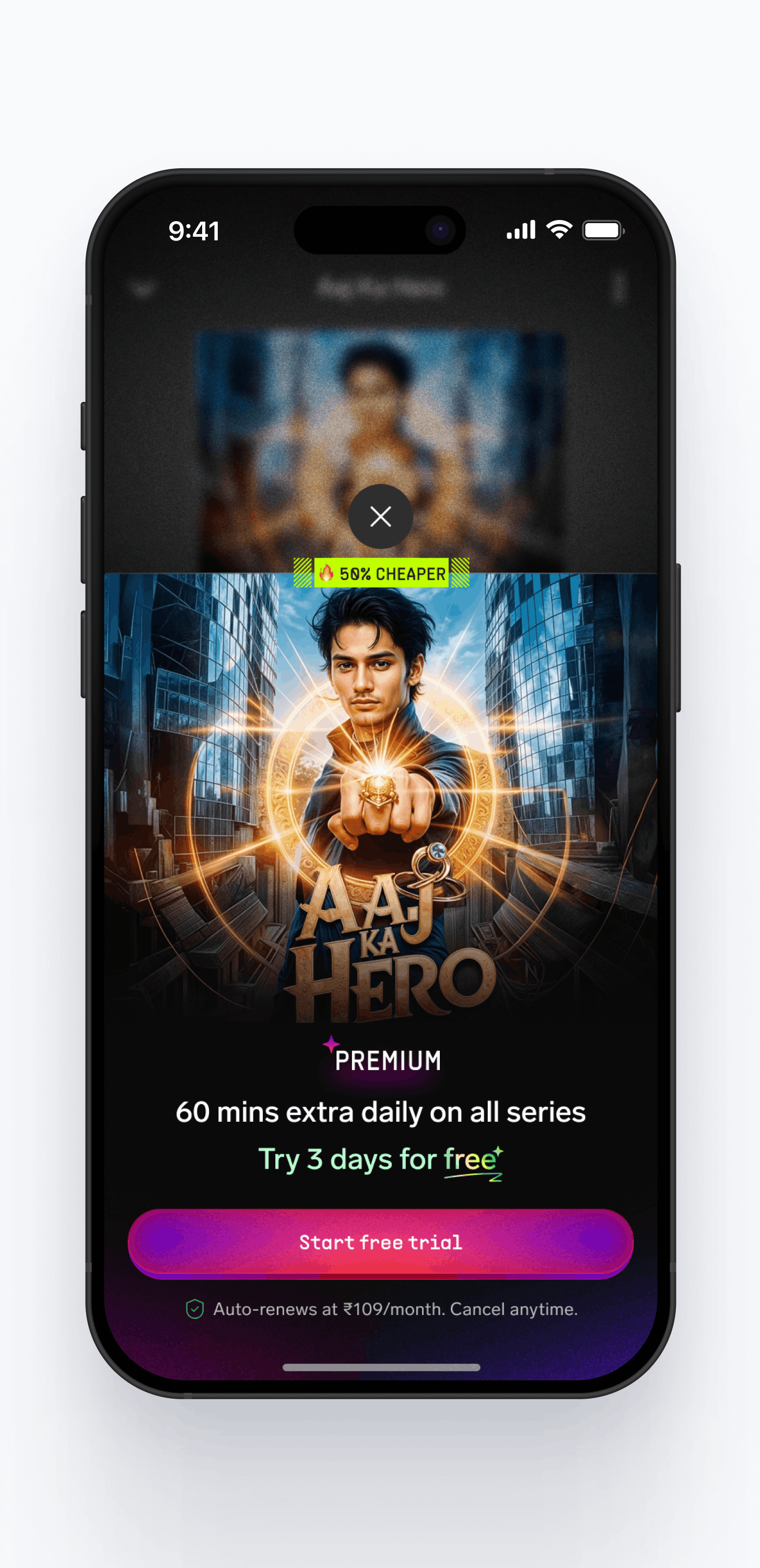 Premium threshold at a locked episode with a short benefit statement and free-trial action