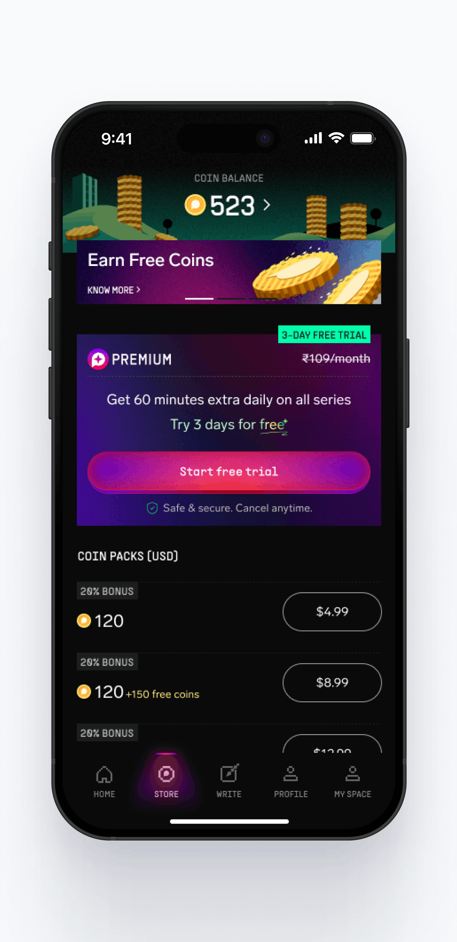 Pocket FM store showing Premium beside coin packs at the payment decision