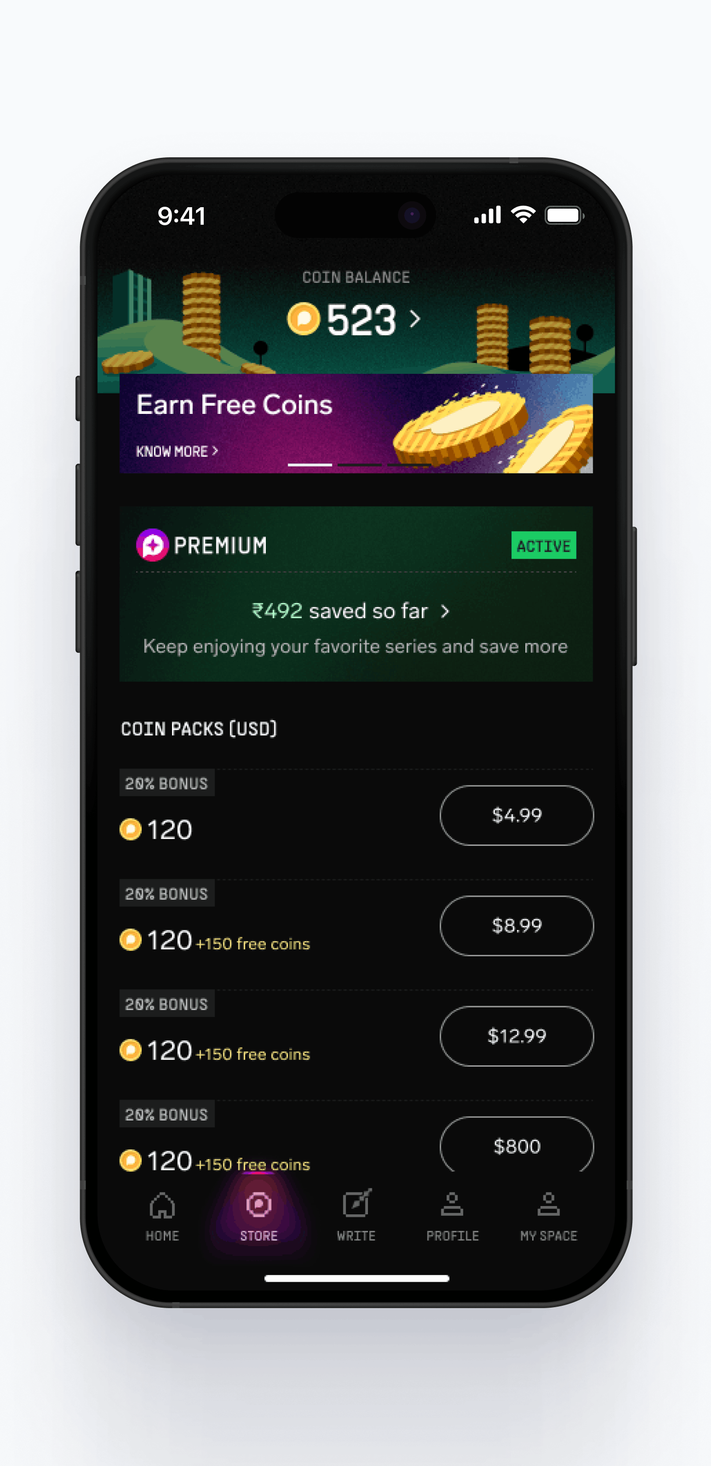 Active Premium state showing how much the listener saved