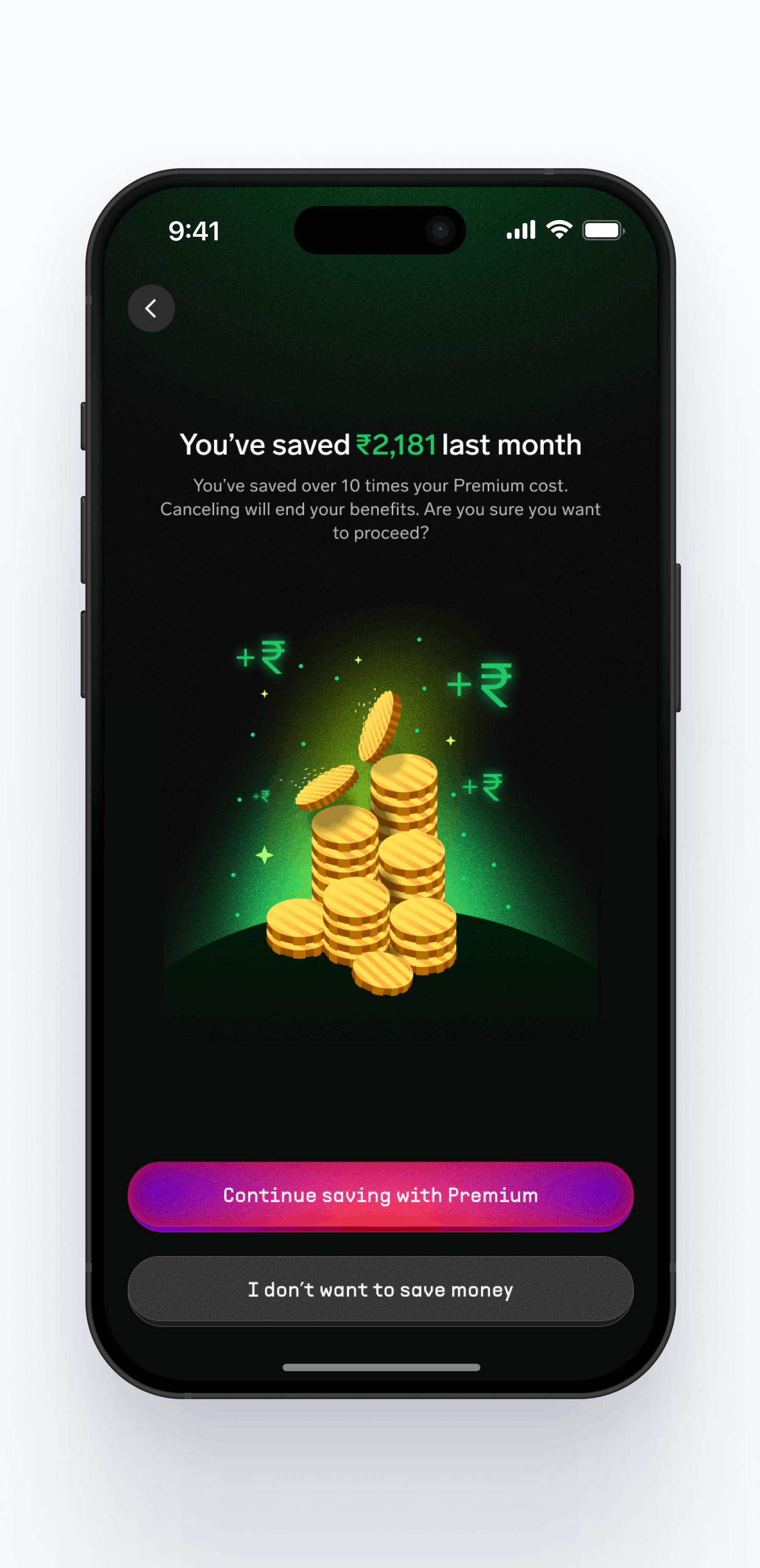 Premium cancellation screen showing the listener's monthly savings